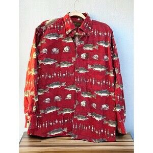 Magellan Sportswear Men's Medium Long Sleeve Button Bass Fishing Red Print Shirt